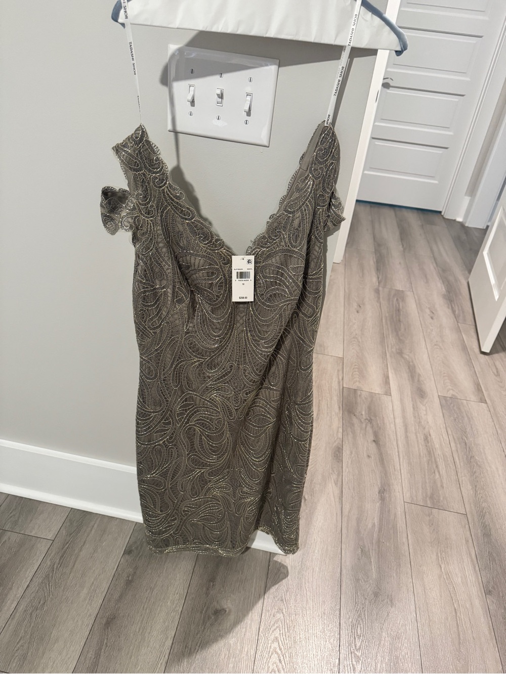 Tadashi Shoji Olive Green Beaded Mini Dress NWT